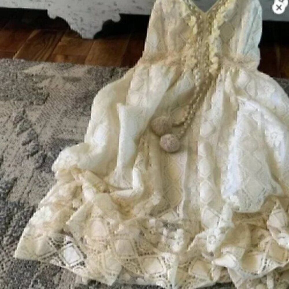Women's Lace Hollow Out Tassel Trim V Neck Bohemian Maxi Dress L - Picture 5 of 15